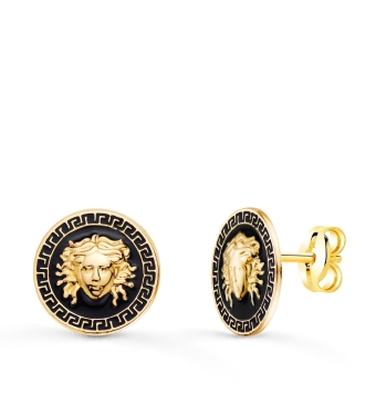 PENDIENTES UNISEX ORO AMARILLO 18 KILATES REDONDOS CON MEDUSA Y ESMALTE NEGRO 12 MILÍMETROS