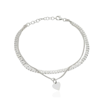 PULSERA PLACARI MUJER PLATA DE LEY 925 DOBLE CADENA BARBADA CON COLGANTE CORAZÓN LARGO AJUSTABLE 16.5-19.5 CENTÍMETROS