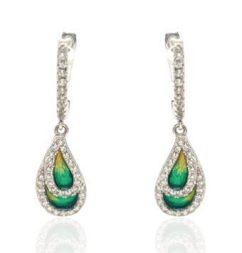 PENDIENTES LARGOS PLACARI MUJER PLATA DE LEY 925 COLGANTE FORMA LÁGRIMA DOBLE PIEDRA VERDE CERCO CIRCONITAS BLANCAS LARGO 29 MIL