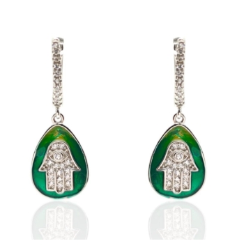 PENDIENTES LARGOS PLACARI MUJER PLATA DE LEY 925 FORMA LÁGRIMA PIEDRA VERDE DEGRADADA MANO DE FÁTIMA CIRCONITAS BLANCAS LARGO 28