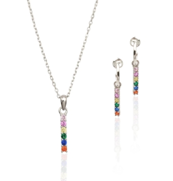 JUEGO PLACARI MUJER PLATA DE LEY 925 PENDIENTES ARO ABIERTO BARRA Y COLGANTE BARRA CIRCONITAS MULTICOLOR LARGO AJUSTABLE 42-45 C