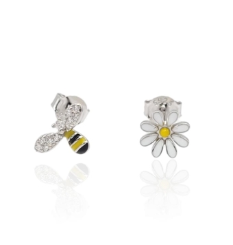 PENDIENTES DESIGUALES ATLÁNTIDA PLATA DE LEY 925 ABEJA ESMALTE AMARILLO Y NEGRO ALAS CIRCONITAS BLANCAS 7X10 MILÍMETROS Y FLOR 7