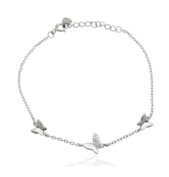 PULSERA ATLÁNTIDA MUJER PLATA DE LEY 925 ESLABÓN FORZADO TRES MARIPOSAS LISAS Y CIRCONITAS BLANCAS LARGO AJUSTABLE 16-19 CENTÍME