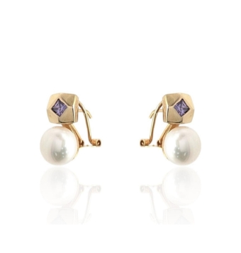 PENDIENTES MUJER ORO AMARILLO 18 KILATES 15 MILÍMETROS PERLA CHATA BLANCA 8 MILÍMETROS CUADRO RECTANGULAR ORO CON PIEDRA AMATIST