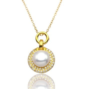 COLLAR MUJER PLATA DE LEY 925 CHAPADO DORADO ESLABÓN FORZADO 42 CENTÍMETROS CON COLGANTE PERLA CON CERCO DE CIRCONITAS BLANCAS E