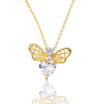 COLLAR MUJER PLATA DE LEY 925 CHAPADO DORADO ESLABÓN FORZADO 42 CENTÍMETROS CON COLGANTE ABEJA CON PIEDRAS BLANCAS UNA DE ELLAS