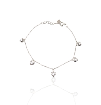 PULSERA MUJER PLATA DE LEY 925 RODIADO ESLABÓN FORZADO CON 5 CORAZONES Y UNA CIRCONITA BLANCA ENGASTADA EN CADA UNO 5 MILÍMETROS