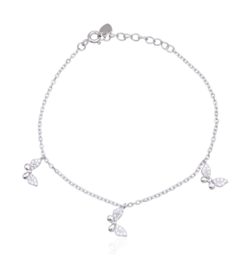 PULSERA ATLÁNTIDA MUJER PLATA DE LEY 925 TRES COLGANTES MARIPOSA LISA Y CIRCONITAS BLANCAS LARGO AJUSTABLE 16.5-19.5 CENTÍMETROS