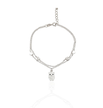 PULSERA MUJER PLATA DE LEY 925 CADENA DOBLE CON COLGANTE BÚHO CON CIRCONITAS BLANCAS Y 4 CORAZONES. LARGO AJUSTABLE 17-20 CENTÍM