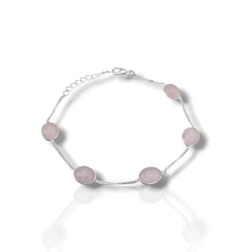PULSERA PLATA DE LEY 925 CON 5 PIEDRAS CUARZO ROSA OVALADAS FACETADAS BOCELADAS 11X8 MILÍMETROS UNIDAS POR CADENA BARBADA LARGO