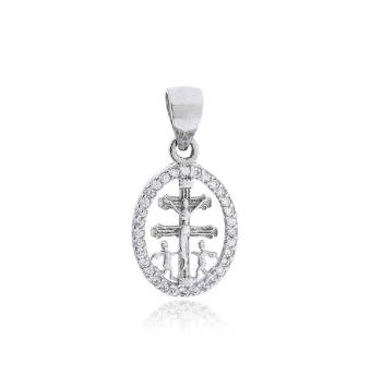 COLGANTE CRUZ DE CARAVACA PLATA DE LEY 925 CERCO OVALADO CIRCONITAS BLANCAS 12.5X15 MILÍMETROS