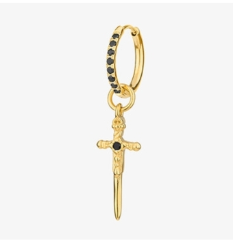 PENDIENTES ARO CON COLGANTE HOMBRE RADIANT ACERO IP DORADO ESPADA 24X10 MILÍMETROS Y ARO DE 15 MILÍMETROS CON CIRCONITAS NEGRAS