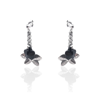 PENDIENTES LARGOS MUJER LOTUS SILVER PLATA DE LEY 925 CON CRISTAL NEGRO EN FORMA DE FLOR Y MARIPOSA LARGO TOTAL 4 CENTÍMETROS CI
