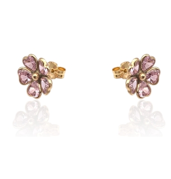 PENDIENTES MUJER ORO 9 KILATES FLOR CON CIRCONITAS ROSAS EN FORMA DE CORAZONES 10.5 MILÍMETROS CIERRE PRESIÓN