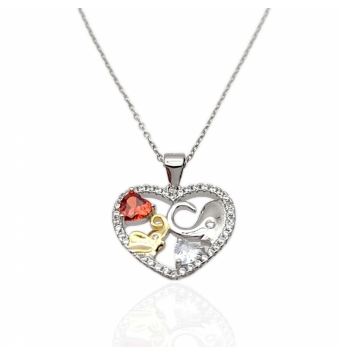 COLLAR MUJER PLATA DE LEY 925 RODIADO CORAZÓN BICOLOR DOS ELEFANTES Y CIRCONITAS ROJA Y BLANCAS 20 MILÍMETROS CADENA FORZADA LAR