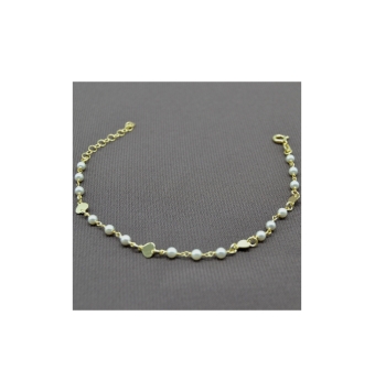 PULSERA MUJER PLATA DE LEY 925 CHAPADO DORADO ESLABONES PERLAS Y CORAZONES PLANOS LARGO 17+3 CENTÍMETROS