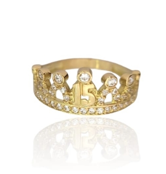ANILLO CORONA MUJER ORO AMARILLO 18 KILATES 15 CUMPLEAÑOS CIRCONITAS BLANCAS ALTO 8.5 MILÍMETROS