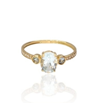 ANILLO ESTILO SOLITARIO MUJER ORO AMARILLO 18 KILATES PIEDRA OVALADA AGUAMARINA 5X7 MILÍMETROS Y CIRCONITAS BLANCAS