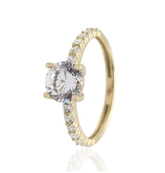 ANILLO ESTILO SOLITARIO MUJER ORO AMARILLO 18 KILATES CIRCONITA BLANCA 7 MILÍMETROS CUATRO GARRAS CIRCONITAS BLANCAS EN EL BRAZO