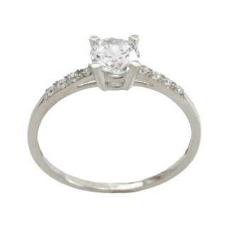 ANILLO MUJER ORO BLANCO 18 KILATES ESTILO SOLITARIO CIRCONITA 5 MILÍMETROS CUATRO GARRAS Y CIRCONITAS BLANCAS EN EL BRAZO