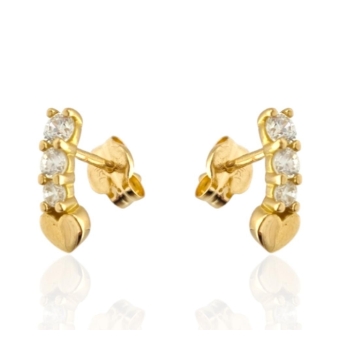 PENDIENTES MUJER ORO AMARILLO 18 KILATES TRES CIRCONITAS BLANCAS Y CORAZÓN LISO 2X9 MILÍMETROS CIERRE PRESIÓN