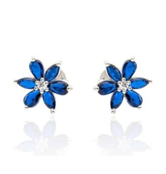 PENDIENTES MUJER PLATA DE LEY 925 FLOR SEIS PÉTALOS PIEDRAS AZUL MARINO Y CIRCONITA BLANCA 13 MILÍMETROS CIERRE PRESIÓN