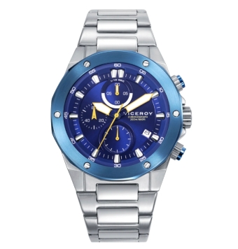 RELOJ VICEROY HOMBRE CRONÓGRAFO CAJA ACERO 44 MILÍMETROS BISEL AZUL ESFERA AZUL CON DIARIO Y DETALLES AMARILLOS CADENA ACERO