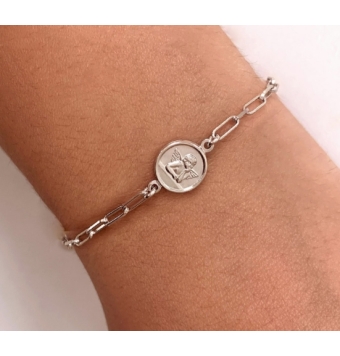 PULSERA MUJER PLATA DE LEY 925 MEDALLA ANGELITO 10 MILÍMETROS CON GRABADO PARTE TRASERA ALWAYS WITH YOU ESLABÓN FORZADO LARGO 1