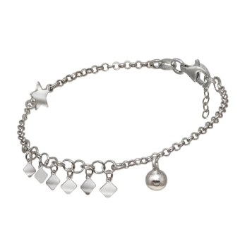 PULSERA MUJER PLATA DE LEY 925 MOTIVOS ESTRELLA BOLA Y ROMBOS COLGANTES ESLABÓN ROLO LARGO 15+3 CENTÍMETROS
