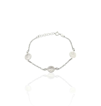 PULSERA PLACARI MUJER PLATA DE LEY 925 RODIADO SAN BENITO 3 MEDALLAS DE 10 MILÍMETROS LARGO 17+3 CENTÍMETROS