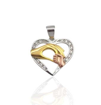 COLGANTE PLACARI MUJER PLATA DE LEY 925 MAMÁ SILUETA CORAZÓN CIRCONITAS BLANCAS 16X18 MILÍMETROS MANO MADRE E HIJO CHAPADO DORAD