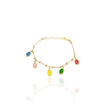 PULSERA PLACARI MUJER PLATA DE LEY 925 CHAPADO DORADO MILAGROSA CON 5 VIRGENES COLGANTES EN DIFERENTES COLORES 13X7 MILÍMETROS L