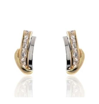 PENDIENTES MUJER ORO BICOLOR 18 KILATES BANDA AMARILLA BRILLO BANDA CARRÉ CON CIRCONITAS BLANCAS BANDA ORO BLANCO BRILLO CIERR