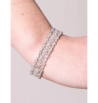 PULSERA MUJER LINEARGENT PLATA DE LEY 925 ESTILO BRAZALETE CALADO CON CIRCONITAS BLANCAS ANCHO 14 MILÍMETROS LARGO 18.5 CENTÍMET