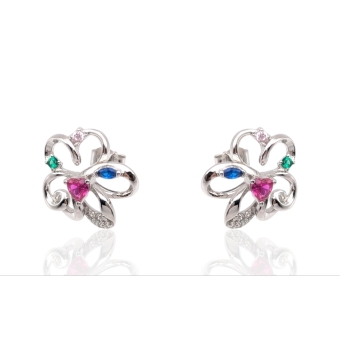PENDIENTES MUJER PLATA DE LEY 925 FORMA DE FLOR DISEÑO CON CORAZÓN EN CENTRO ROJO Y PIEDRAS ROSA VERDE Y AZUL. DIÁMETRO 14 MILÍ