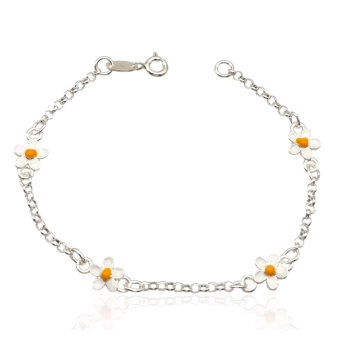 PULSERA PLATA DE LEY 925 ROLÓ CUATRO FLORES ESMALTE BLANCO Y AMARILLO LARGO 18 CENTÍMETROS