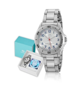 PACK RELOJ MAREA NIÑO CORREA ACERO CAJA METAL 36 MILÍMETROS ESFERA BLANCA CALENDARIO CON AURICULARES BLUETOOTH