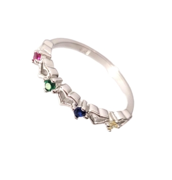 ANILLO MUJER PLATA DE LEY 925 SILUETAS DE CORAZONES Y CIRCONITAS MULTICOLOR SALTEADOS ANCHO 3 MILÍMETROS