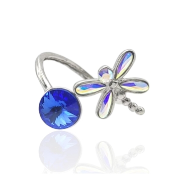 SORTIJA ABIERTA MUJER PLATA DE LEY 925 CRISTAL SWAROVSKI AZUL ELÉCTRICO Y LIBÉLULA