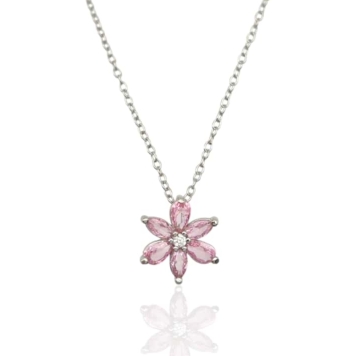COLLAR MUJER PLATA DE LEY 925 COLGANTE FLOR SEIS PÉTALOS PIEDRAS ROSAS Y CIRCONITA BLANCA 12 MILÍMETROS LARGO AJUSTABLE 42-47 CE