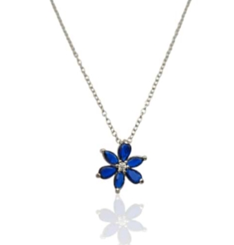 COLLAR MUJER PLATA DE LEY 925 COLGANTE FLOR SEIS PÉTALOS PIEDRAS AZUL MARINO Y CIRCONITA BLANCA 12 MILÍMETROS LARGO AJUSTABLE 42