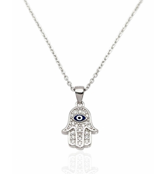 COLLAR MUJER PLATA DE LEY 925 RODIADO MANO DE FATIMA CIRCONITAS BLANCAS 15X10 MILÍMETROS CADENA FORZADA 1 MILÍMETRO LARGO AJUSTA