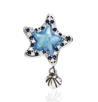 ABALORIO CHARM PLATA DE LEY 925 ESTRELLA ESMALTE AZUL Y CIRCONITAS BLANCAS Y AZULES CON COLGANTE CONCHA