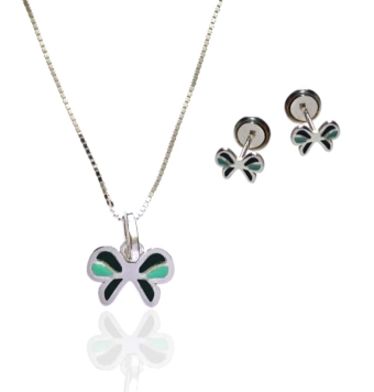CONJUNTO NIÑA PLATA DE LEY 925 PENDIENTES 6X9 MILÍMETROS CIERRE TORNILLO Y GARGANTILLA COLGANTE LAZO ESMALTE VERDE LARGO 42 CENT