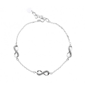 PULSERA MUJER PLATA DE LEY 925 RODIADA ESLABÓN ROLÓ TRES INFINITOS 5X12 MILÍMETROS LISOS Y CIRCONITAS BLANCAS LARGO AJUSTABLE 16