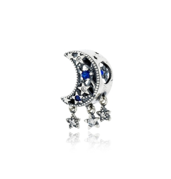 ABALORIO CHARM LUNA PLATA DE LEY 925 CON ESTRELLAS COLGANTES CIRCONITAS BLANCAS Y AZULES