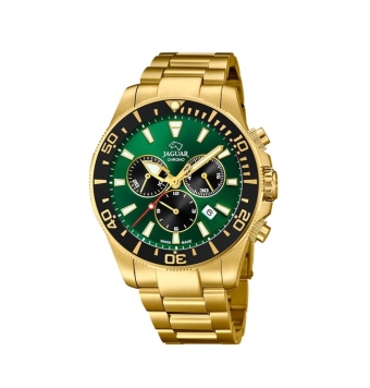 RELOJ CRONÓGRAFO JAGUAR EXECUTIVE HOMBRE J864/1 CADENA DORADA ACERO CAJA ACERO IP DORADO BISEL NEGRO 43 MILÍMETROS ESFERA VERDE