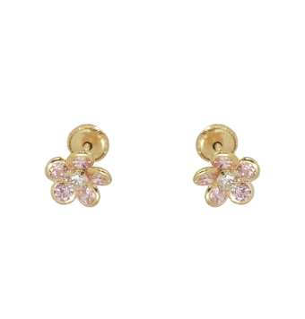 PENDIENTES BEBÉ/NIÑA ORO AMARILLO 18 KILATES FORMA DE FLOR CON CIRCONITAS ROSAS Y BLANCA 5.5 MILÍMETROS CIERRE TORNILLO