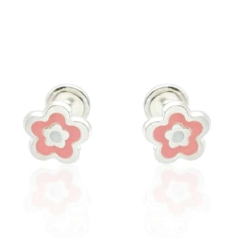 PENDIENTES FLOR NIÑA PLATA DE LEY 925 ESMALTE ROSA 7.5 MILÍMETROS CIERRE TORNILLO