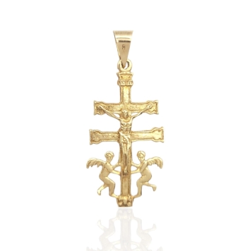 COLGANTE CRUZ DE CARAVA ORO AMARILLO 18 KILATES CON ÁNGELES 38X21 MILÍMETROS RELIEVE